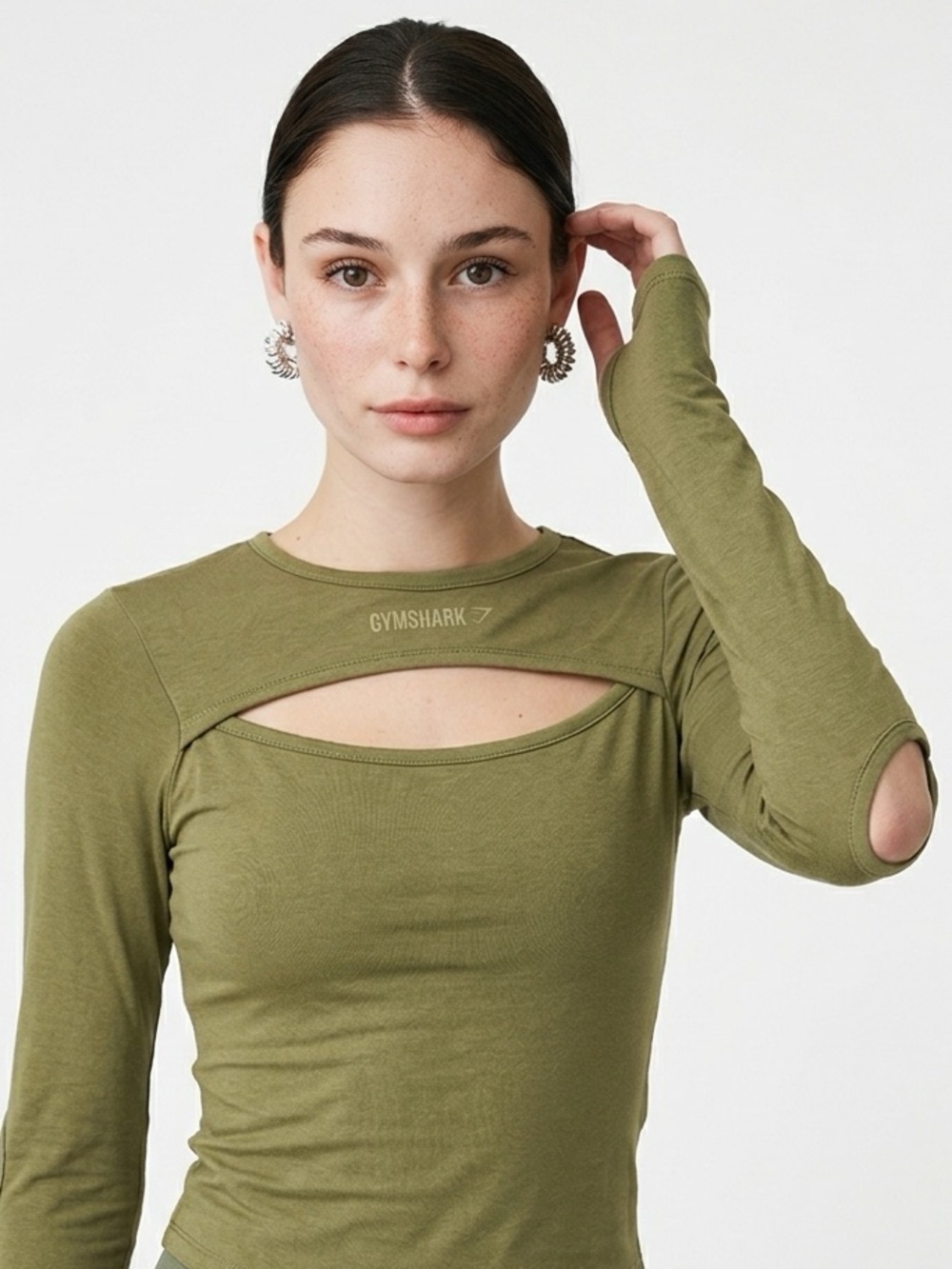 GYMSHARK | Olive Green Long Sleeve Cutout Tunic Length Top Women’s Size X-Small